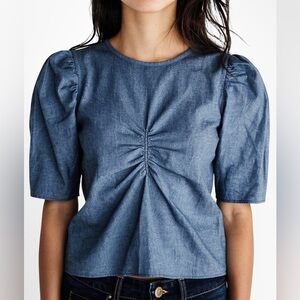 Nation LTD Chambray Puff Sleeve Top Organic‎ Cotton Blue Size S